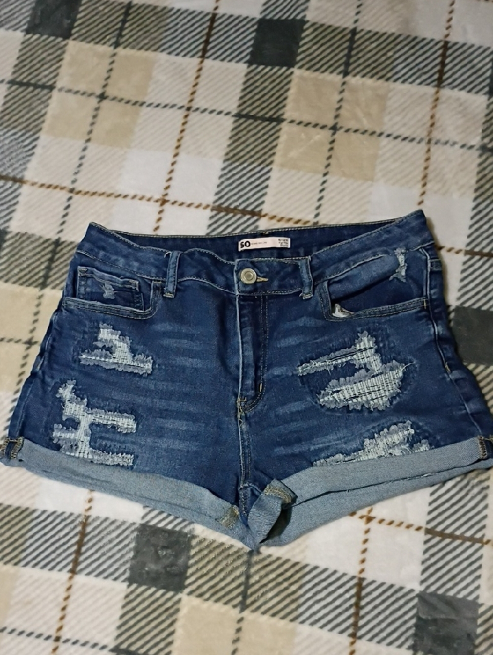 SO Women's Distressed Dark Blue Roll-Cuff Denim Shorts